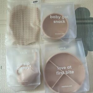 Lalo set of sippy cup, bowl, plate and bib.